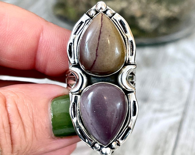 Mystic Moons Mookaite Crystal Ring in Sterling Silver 925- Designed by FOXLARK Collection Size 5 6 7 8 9 10 11 Adjustable / Gothic Jewelry