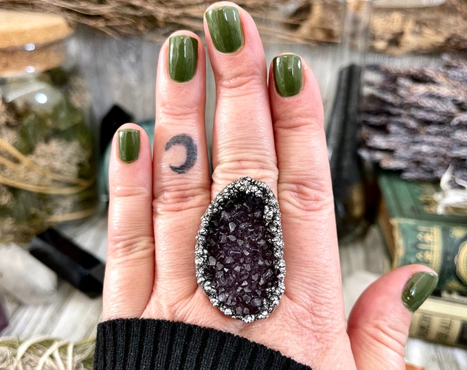 Size 8.5 Big Raw Amethyst Purple Crystal Ring in Fine Silver / Foxlark Collection - One of a Kind / Big Crystal Ring Witchy Jewelry Gemstone