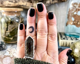 Size 7.5 Raw Smoky Quartz Crystal Cluster Ring Set in Fine Silver / Foxlark Collection - One of a Kind / Big Crystal Ring Witchy Jewelry