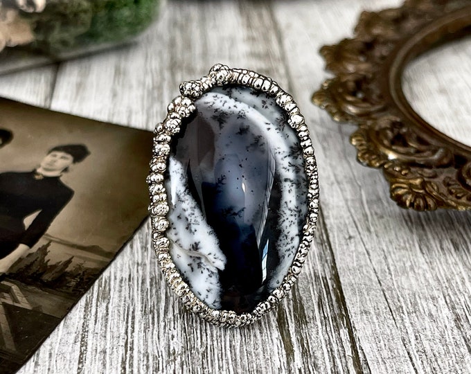 Size 7 Dendritic Agate Large Crystal Ring in Fine Silver for Woman /  Foxlark Collection - One of a Kind / Big Crystal Ring Witchy Jewelry