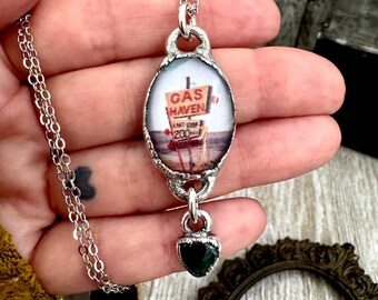 Road To Nowhere - Gas Station Road Side Sign Necklace Fine Silver - One of a Kind
