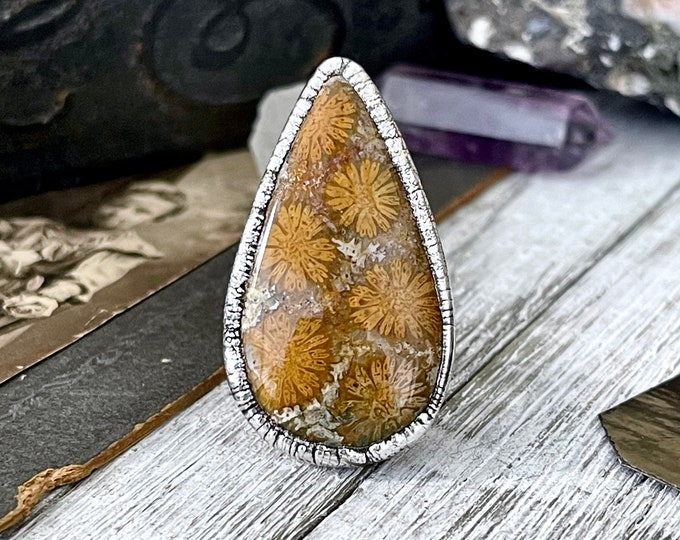 Size 8.5 Big Fossilized Coral Silver Statement Ring in Fine Silver / Foxlark Collection - One of a Kind / Big Crystal Ring Witchy Jewelry