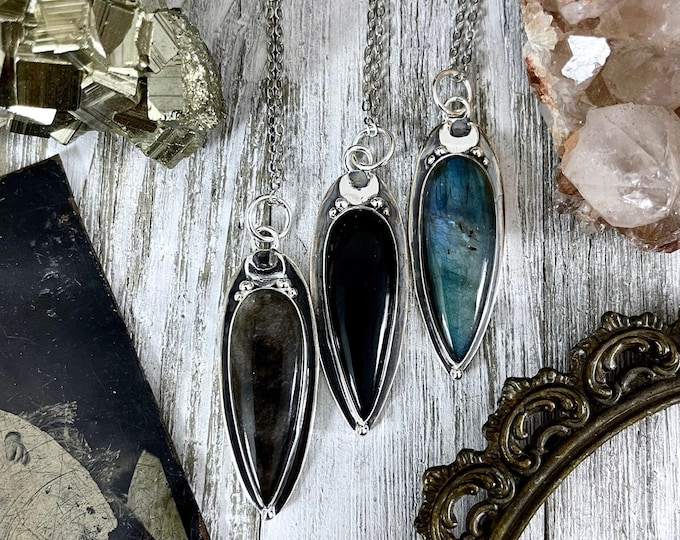 Magic Moon Crystal Necklace in Sterling Silver- Silver Sheen Obsidian, Black Onyx or Labradorite -Designed by FOXLARK Collection