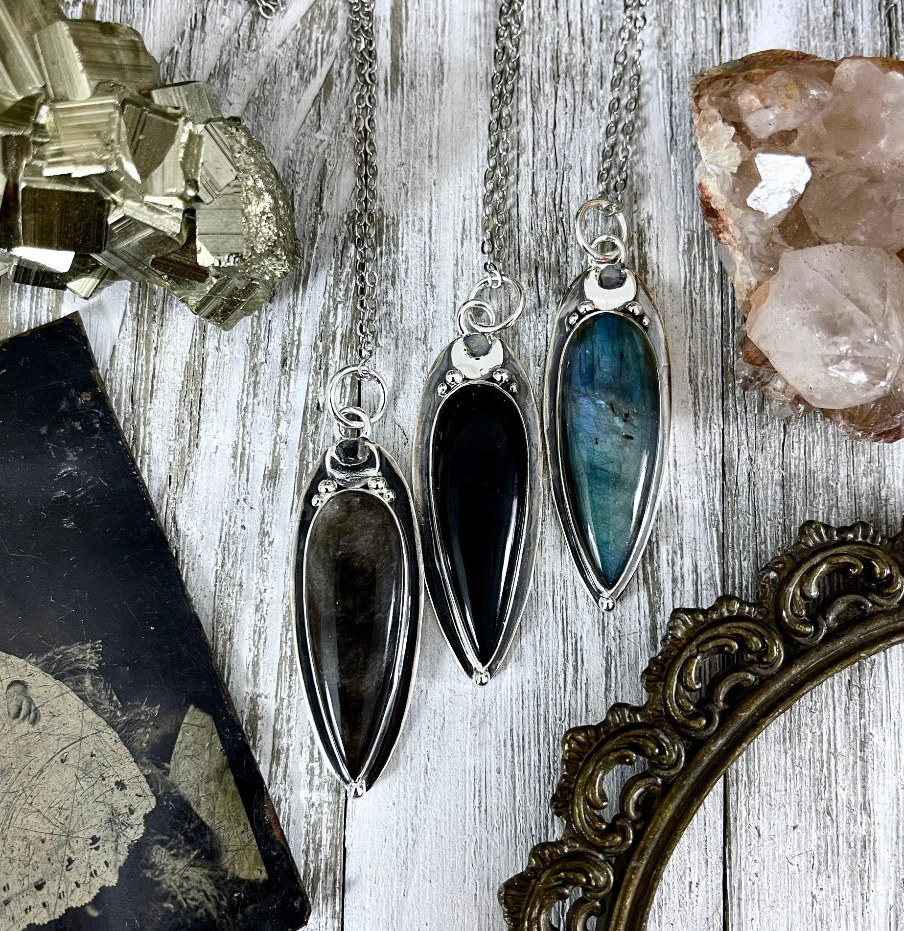 Magic Moon Crystal Necklace in Sterling Silver- Silver Sheen Obsidian,  Black Onyx or Labradorite -Designed by FOXLARK Collection