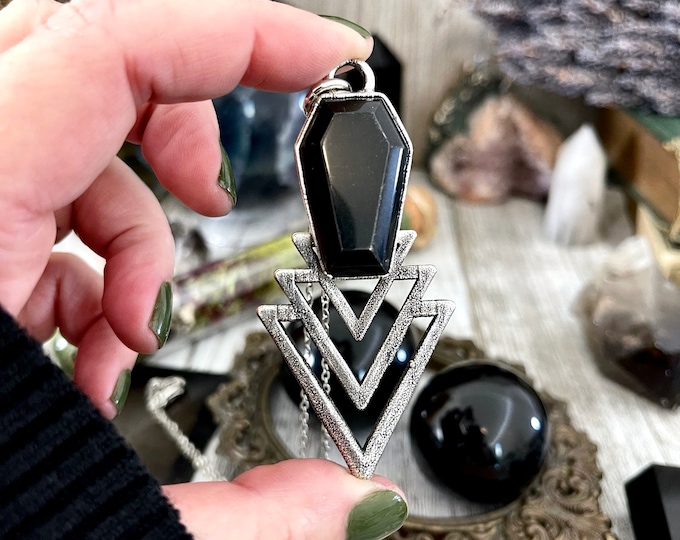 Moss & Moon Collection - Black Onyx Coffin Necklace in Fine Silver / / Punk Jewelry Gothic Statement Pendent Gothic Jewelry Witch Necklace