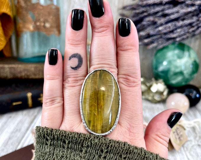 Silver Tigers Eye Ring Size 8 / Bohemian Big Stone Statement Ring / Foxlark Collection - One of a Kind // Yellow Crystal Jewelry Gemstone