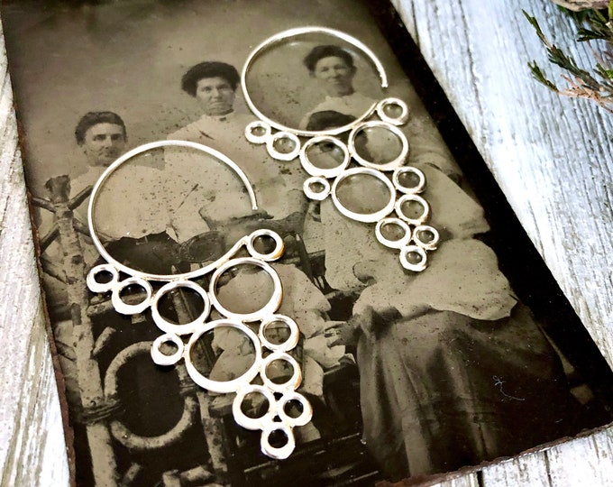 Sterling Silver Long Dangly Geometric Circle Earrings