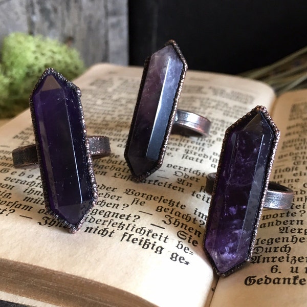 Kristall-Ring Amethyst Crystal Zauberstab Ring / Ring Naturstein / Gypsy Ring / handgemachter Elektrogeformten Ring lila Amethyst Kristall Ring 6 7 8 9