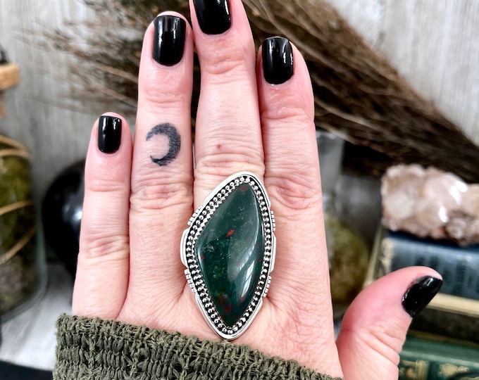 Big Bloodstone Crystal Statement Ring in Sterling Silver - Designed by FOXLARK Collection Adjustable to Size 6 7 8 9 | Green Stone Gemstone