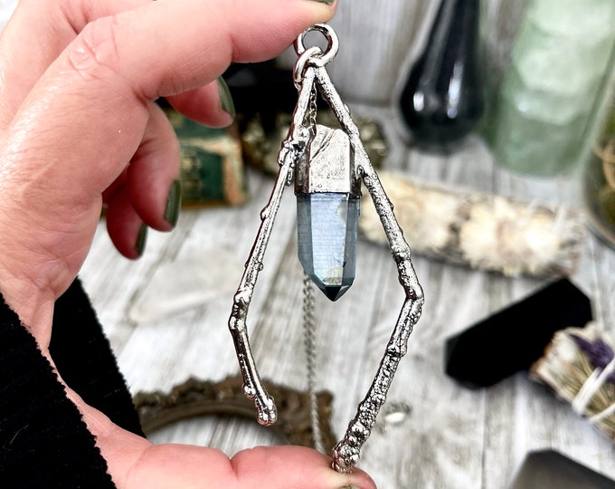 Sticks & Stones Collection- Blue Aqua Aura Necklace in Fine Silver // Big Crystal Necklace Witchy Jewelry Boho Pendant Alternative Jewelry