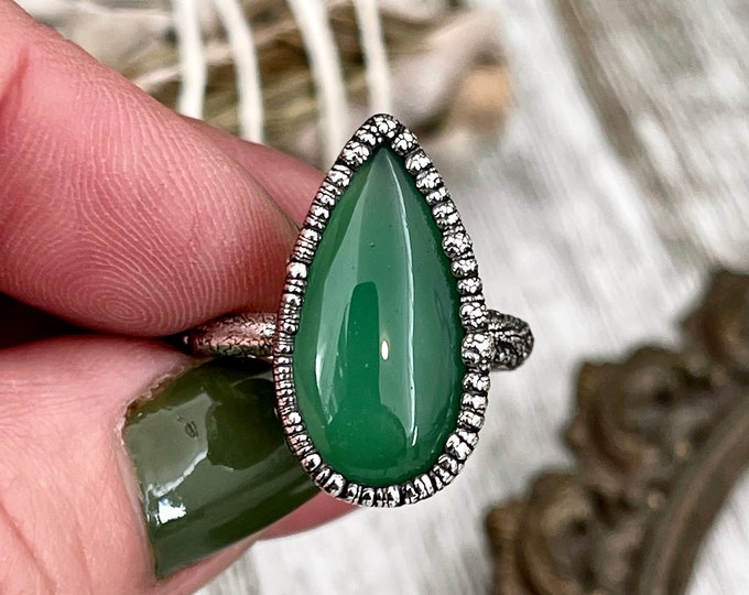 Green Agate Ring in Fine Silver Size 7 8 9 10 /  Large Crystal Ring  - Green Stone Ring - Silver Crystal Ring - Bohemian Jewelry