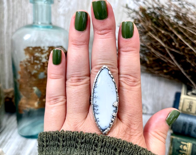 Size 8.5 Dendritic Agate Large Crystal Ring in Fine Silver for Woman /  Foxlark Collection - One of a Kind / Big Crystal Ring Witchy Jewelry