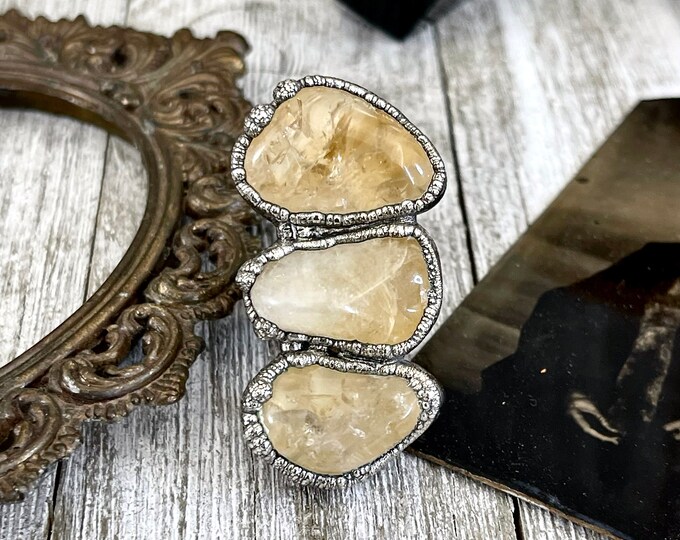 Size 7.5 Crystal Ring - Three Stone Yellow Citrine Ring in Silver / Foxlark Collection - One of a Kind / Big Boho Crystal Jewelry