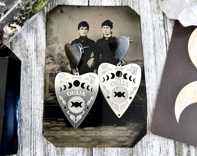 Heart Post Ouija Board Planchette  Earrings/ Sterling Silver & Stainless Steel / Long Dangly Gothic Earrings