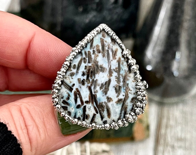 Size 7 Large Blue Fossilized Palm Root Statement Ring in Fine Silver / Foxlark Collection - One of a Kind / Gothic Jewelry Gemstone