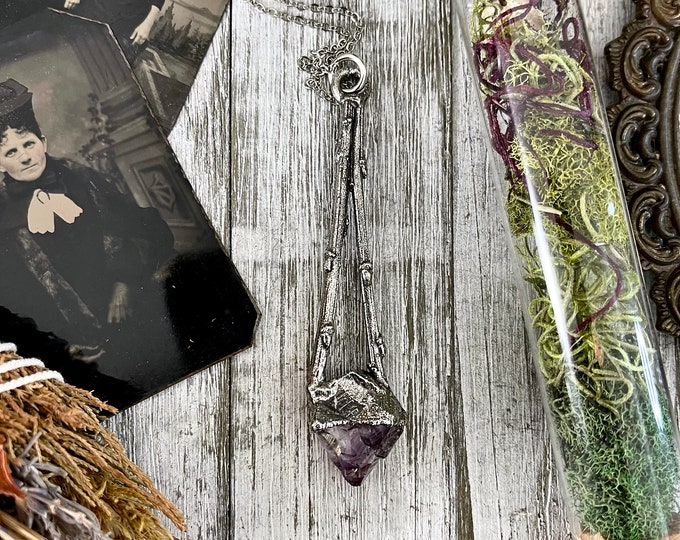 Sticks & Stones Collection- Raw Amethyst Necklace in Fine Silver // Big Crystal Necklace. Witchy Jewelry Gothic Pendant