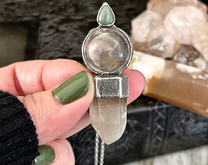 Crystal Necklace - Smoky Quartz Ball, Garden Quartz Point and Aventurine set in Fine Silver / One of a Kind - by Foxlark / Statement Jewelry