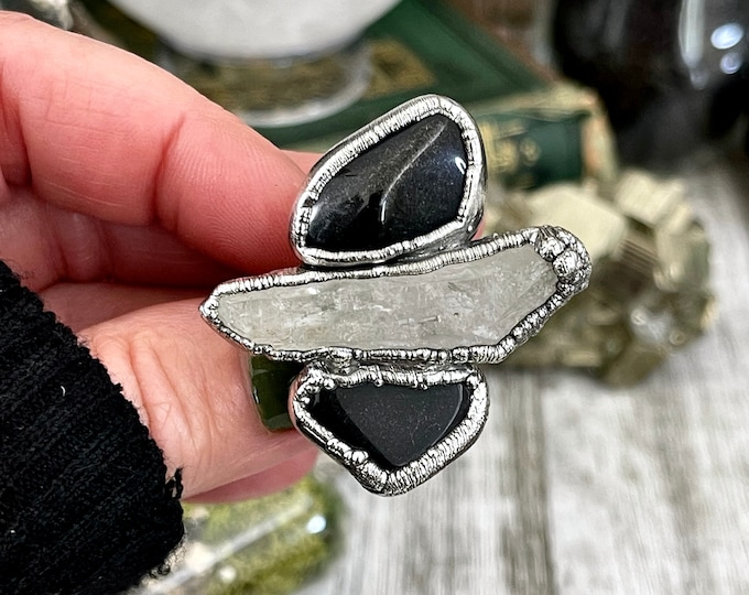 Size 8.5 Crystal Ring - Three Stone Ring Black Onyx Raw Clear Quartz  Silver Ring / Foxlark Collection - One of a Kind / Big Crystal Jewelry