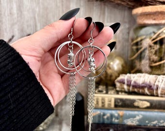 Silver Rat Earrings Stainless Steel Hoop and Fringe / Long Dangle Grunge Earrings