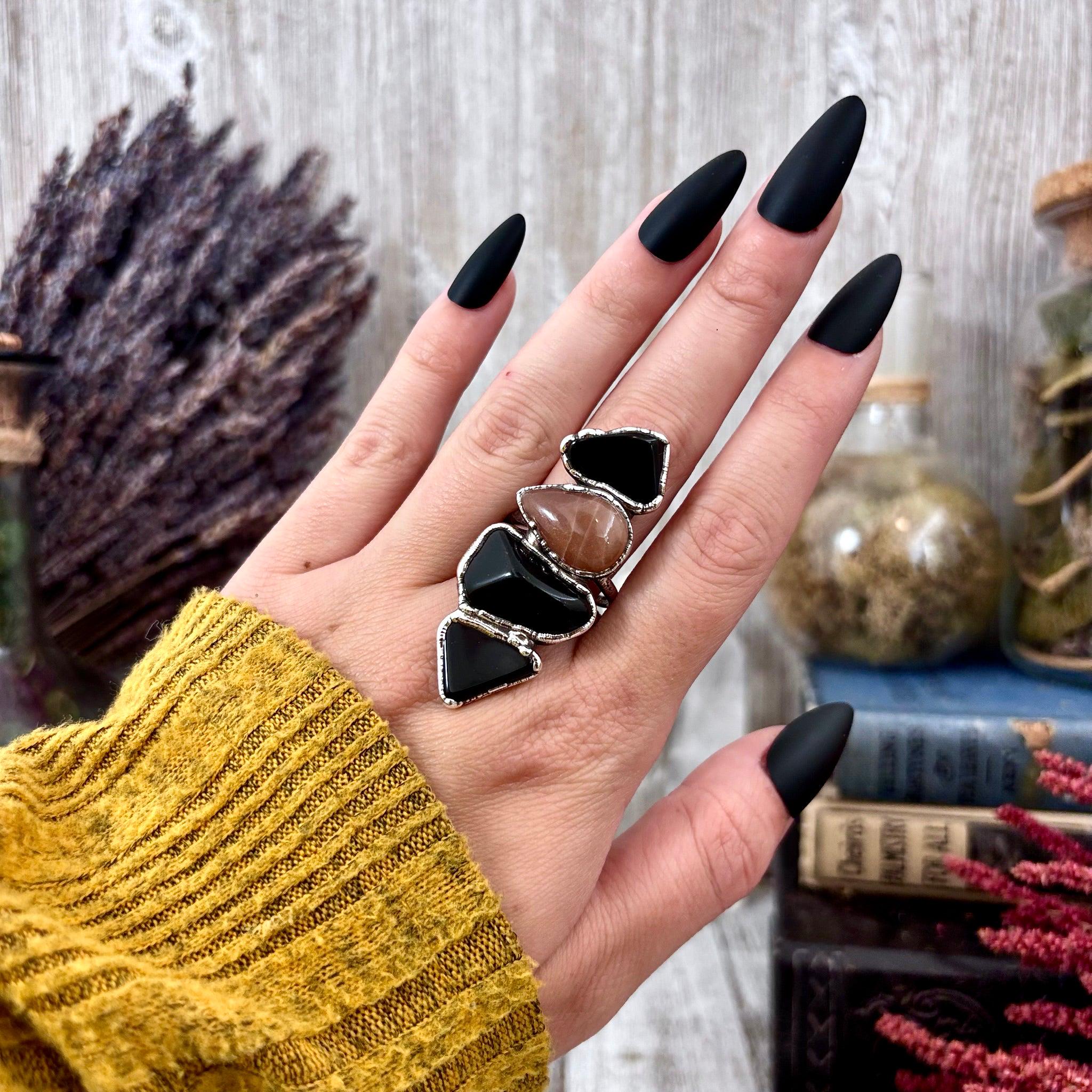 マルチストーン ブラックオブシディアン サンストーン リング シルバー