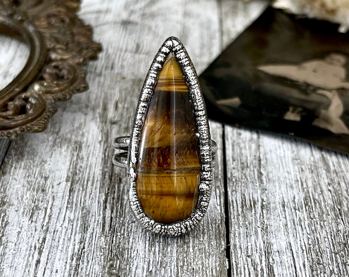 Tigers Eye Sterling Silver Ring Size 5 6 7 8 / Bohemian Stone Statement Ring / Foxlark Collection - One of a Kind // Yellow Crystal Jewelry