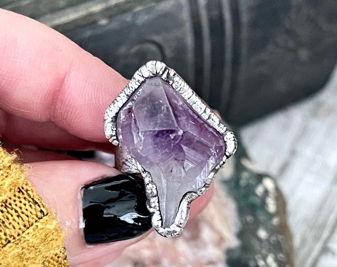 Size 6.5 Big Raw Amethyst Purple Crystal Ring in Fine Silver / Foxlark Collection - One of a Kind / Big Crystal Ring Witchy Jewelry Gemstone