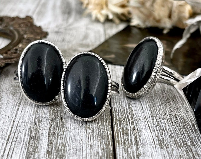 Natural Black Onyx Ring in Fine Silver Size 6 7 /  Large Crystal Ring  - Black Stone Ring - Silver Crystal Ring - Bohemian Jewelry