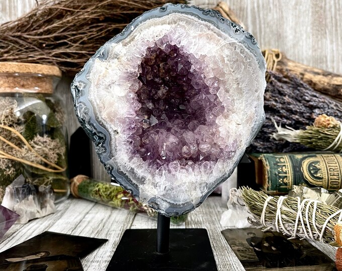 Large Purple Amethyst Crystal Druzy Geode With Stand / FoxlarkCrystals / Big Crystal Cluster Natural Crystal Healing Crystal Home Decor