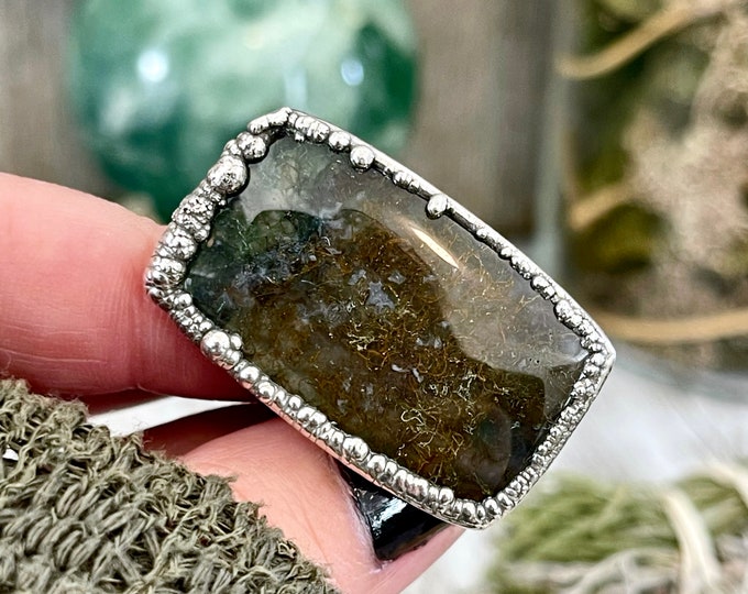 Big Size 6 Silver Natural Fancy Moss Agate Crystal Statement Ring / Foxlark Collection - One of a Kind / Big Crystal Ring Witchy Jewelry