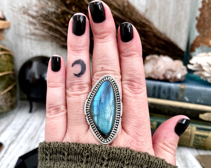 Big Labradorite Crystal Statement Ring in Sterling Silver - Designed by FOXLARK Collection Adjusts to size 6,7,8,9, or 10 | Blue Stone