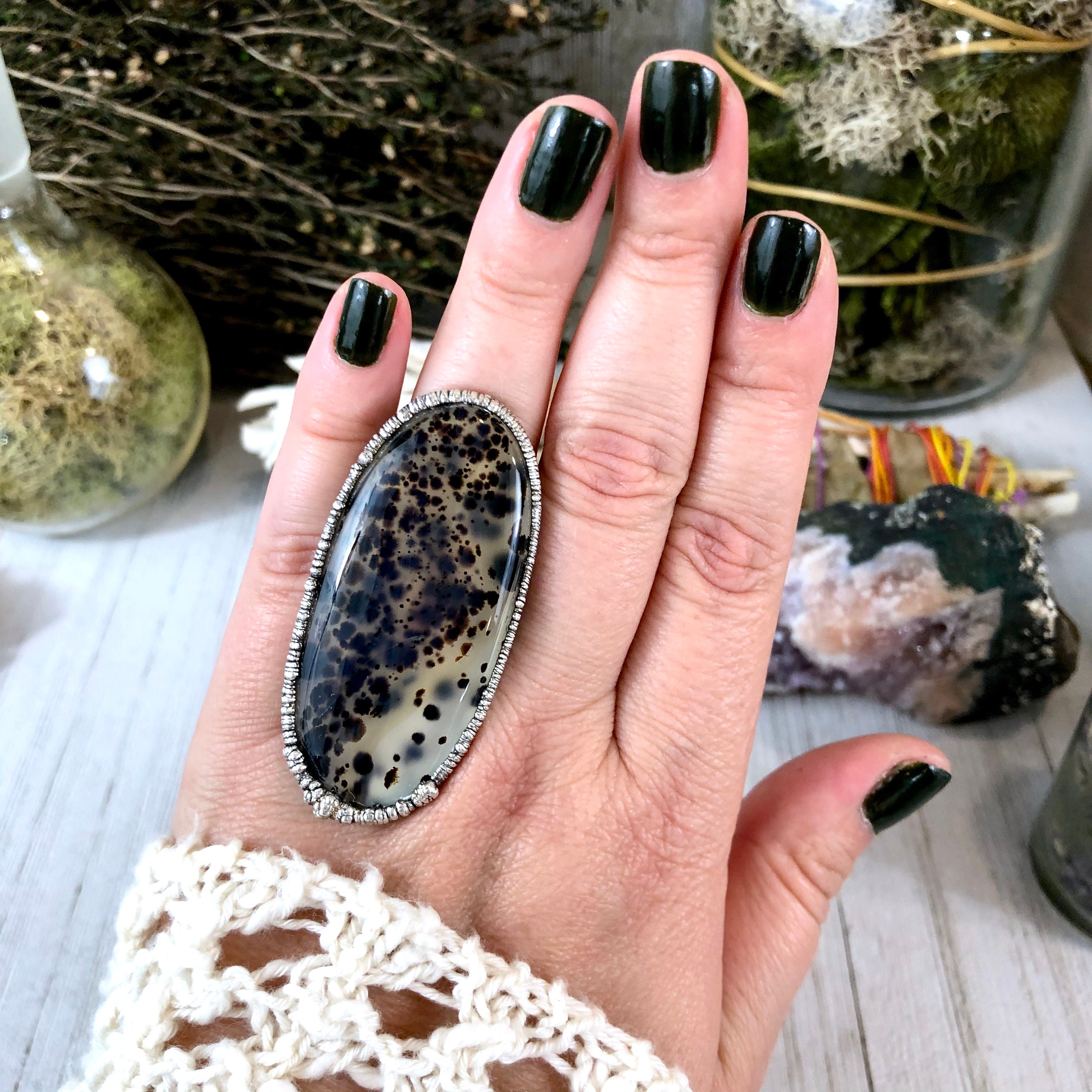 Size 7.5 Big Silver Ring Montana Moss Agate Ring