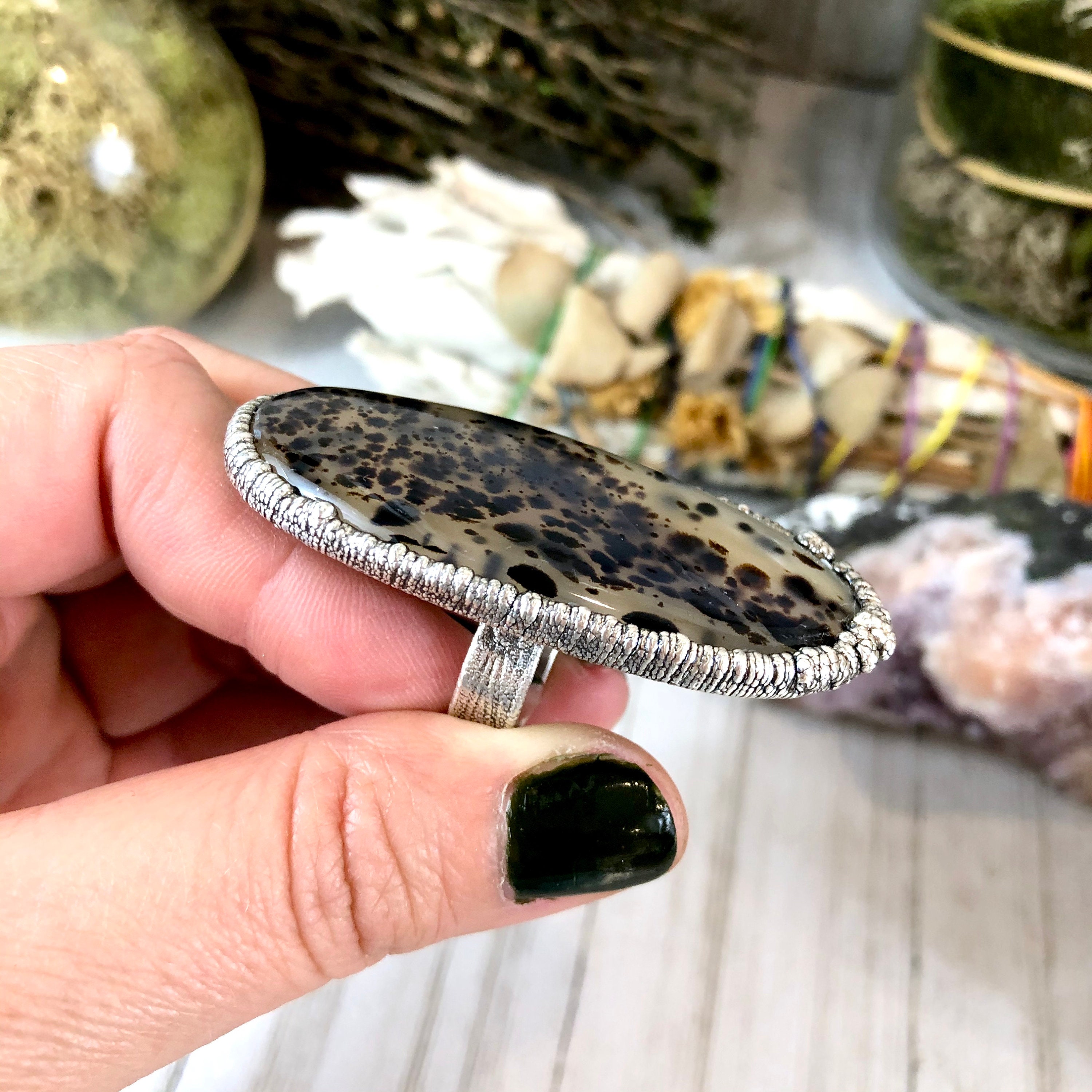 Size 7.5 Big Silver Ring Montana Moss Agate Ring