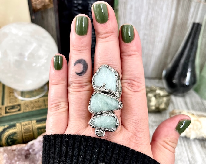 Size 9.5 Crystal Ring - Four Stone Aquamarine Raw Herkimer Diamond Quartz Ring In Silver / Foxlark - One of a Kind / Blue Crystal Jewelry