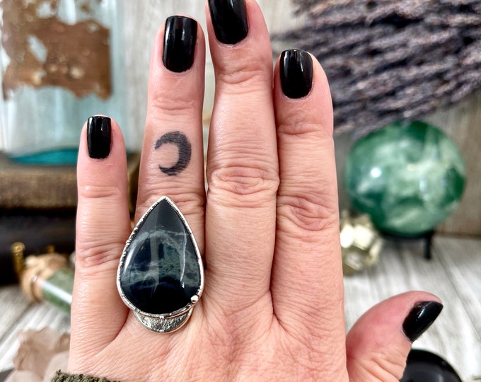 Size 8 Silver Spiderweb Obsidian Ring Large Crystal Ring / Foxlark Collection - One of a Kind / Big Crystal Ring Witchy Jewelry Gemstone