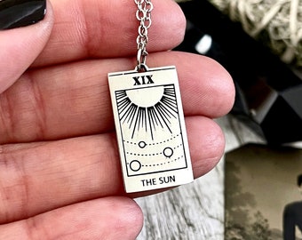 Tiny Talisman Collection - Sterling Silver The Sun Tarot Card Necklace 24x14mm  /  / Witchy Necklace Goth Jewelry Tarot Pendant