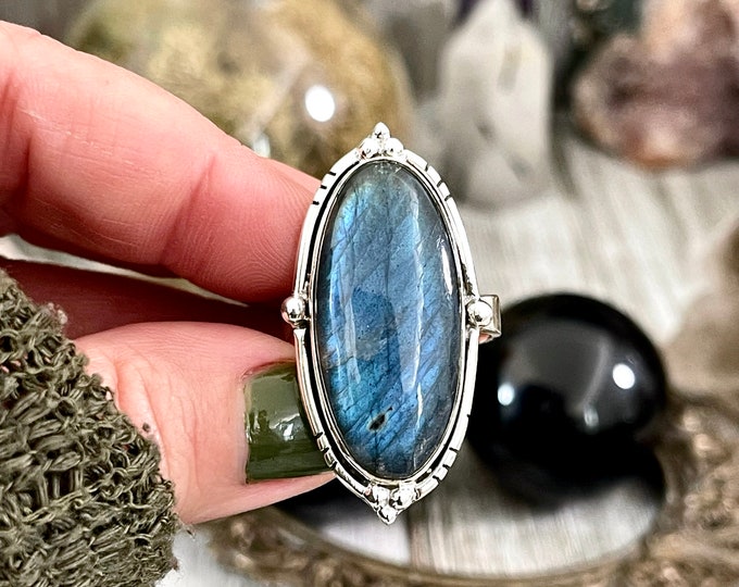 Labradorite Oval Crystal Statement Ring in Sterling Silver - Designed by FOXLARK Collection Adjustable to Size 6 7 8 9 | Blue Stone Gemstone