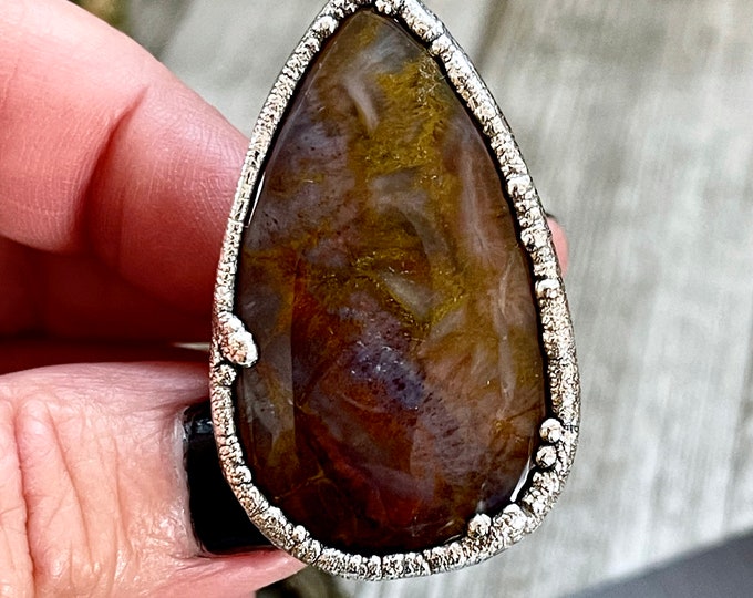 Size 10 Silver Natural Fancy Moss Agate Crystal Statement Ring / Foxlark Collection - One of a Kind / Big Crystal Ring Witchy Jewelry