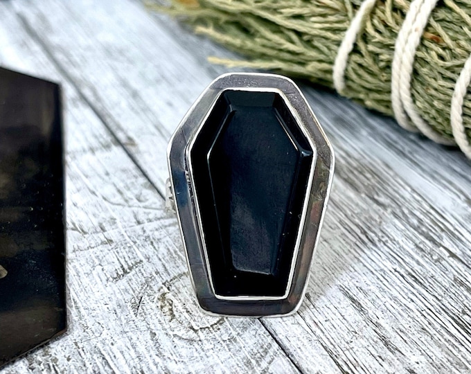 Black Onyx Coffin Ring in Solid Sterling Silver- Designed by FOXLARK Collection Size 6 7 8 9 10 / Big Crystal Ring Witchy Haloween Jewelry