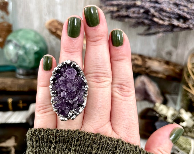 Size 7 Big Raw Amethyst Purple Crystal Ring in Fine Silver / Foxlark Collection - One of a Kind / Big Crystal Ring Witchy Jewelry Gemstone