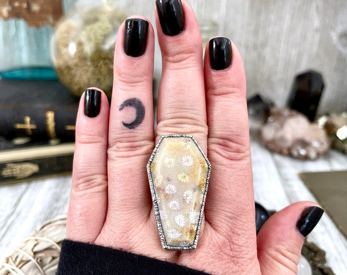 Size 9 Large Fossilized Coral Coffin Statement Ring in Fine Silver / Foxlark Collection - One of a Kind / Big Crystal Ring Witchy Jewelry