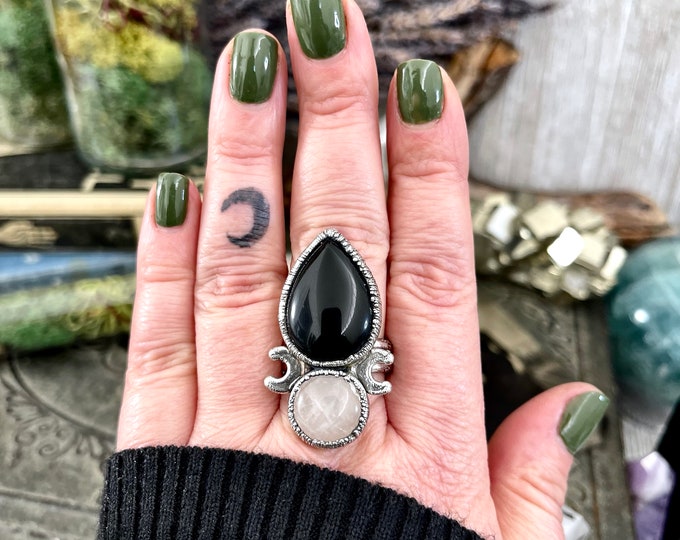 Size 10 Two Stone Ring- Black Onyx Rose Quartz Crystal Ring Fine Silver / Foxlark Collection - One of a Kind / Statement Jewelry Gemstone