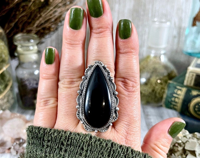 Black Onyx Teardrop Crystal Statement Ring in Sterling Silver- Designed by FOXLARK Collection Adjusts to size 6,7,8,9, or 10 Gemstone