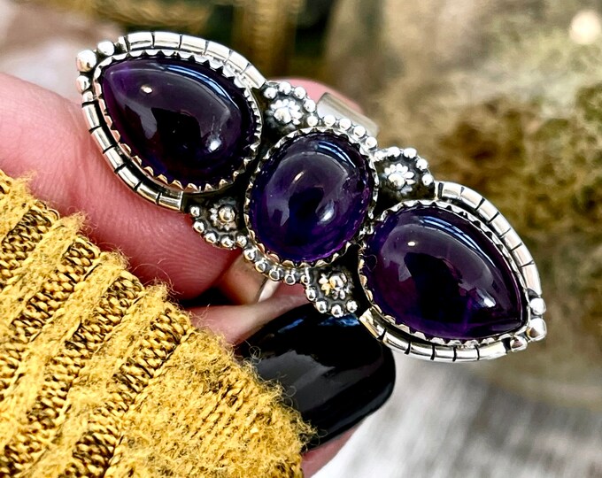 Three Stone Purple Amethyst Crystal Ring in Solid Sterling Silver- Designed by FOXLARK Collection Size Adjustable to -6 7 8 9 10 Gemstone