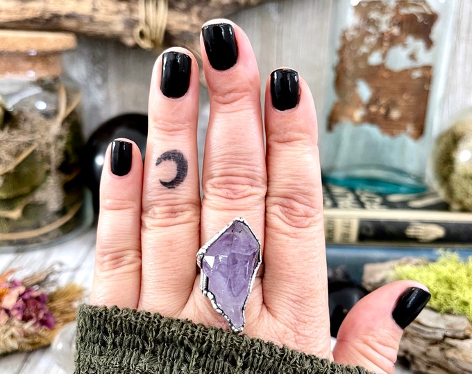 Size 8.5 Purple Big Raw Amethyst Point Crystal Ring in Fine Silver / Foxlark Collection - One of a Kind / Big Crystal Ring Witchy Jewelry