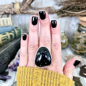 Size 9 Natural Black Tumbled Stone Agate Ring in Fine Silver/ Foxlark Collection - One of a Kind / Big Crystal Ring Witchy Jewelry Gemstone