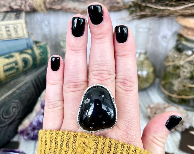 Size 9 Natural Black Tumbled Stone Agate Ring in Fine Silver/ Foxlark Collection - One of a Kind / Big Crystal Ring Witchy Jewelry Gemstone