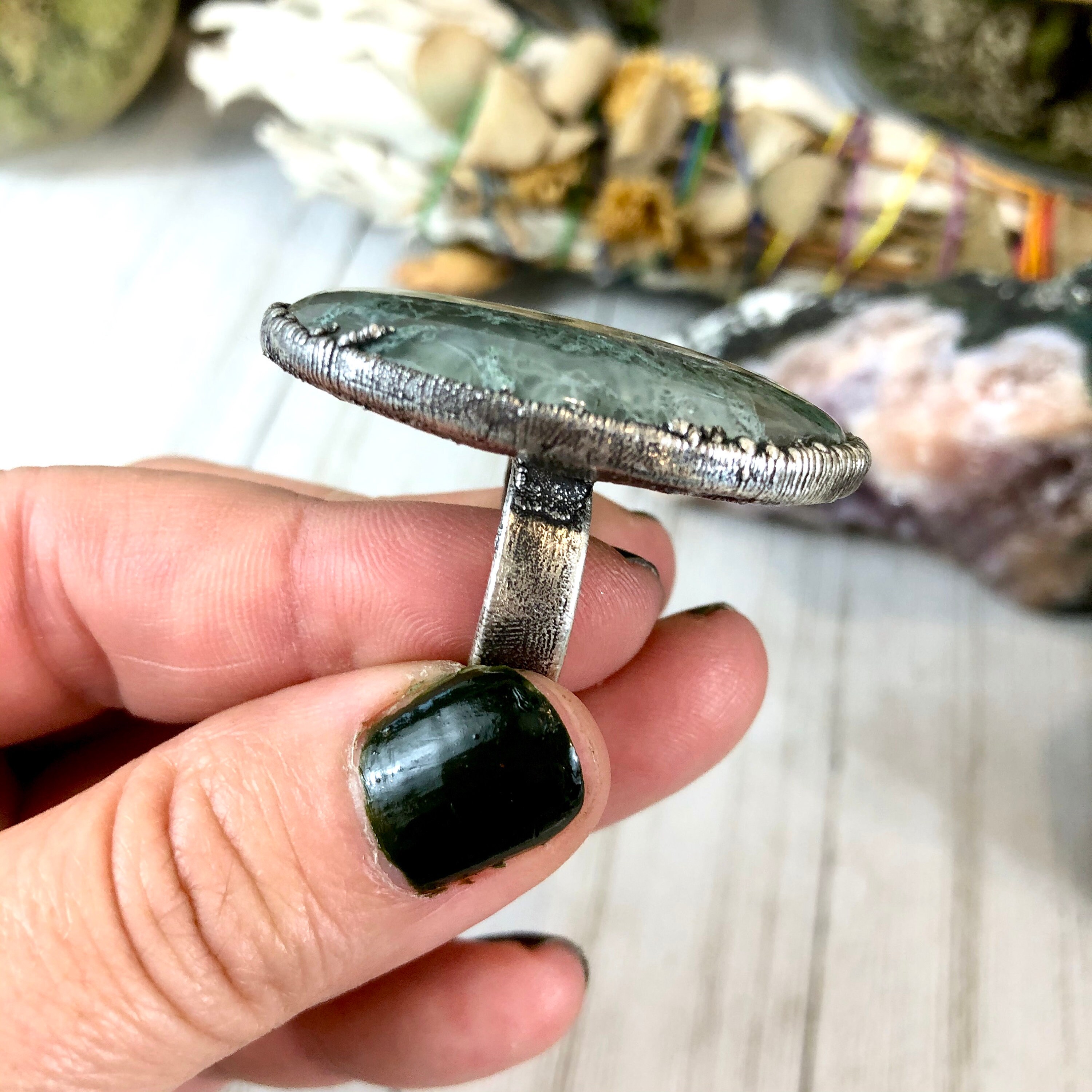 Size 6.75 Silver Natural Moss Agate Ring Large Crystal Ring