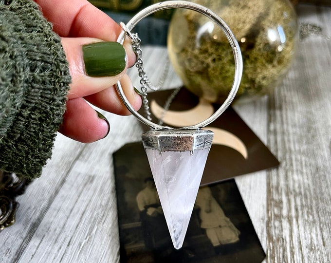 Rose Quartz Crystal Pendulum Necklace Pendant in Fine Silver  / Foxlark Collection / Pink Stone Dosing Pendulum / Witchy Gothic Jewelry