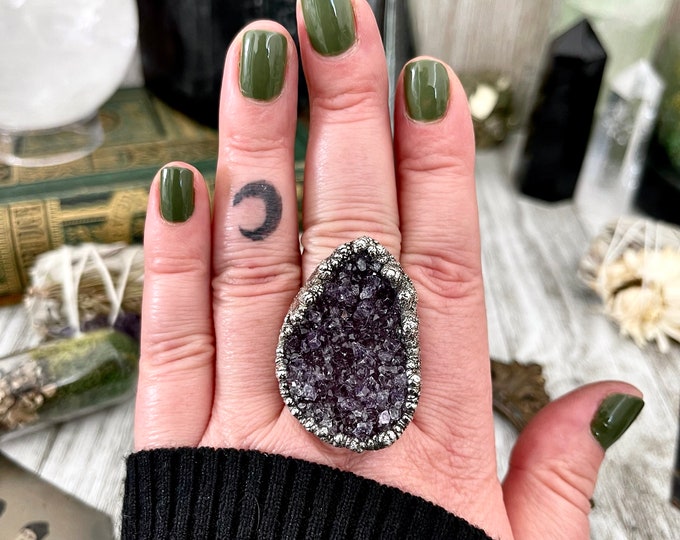 Size 8.5 Big Raw Amethyst Purple Crystal Ring in Fine Silver / Foxlark Collection - One of a Kind / Big Crystal Ring Witchy Jewelry Gemstone