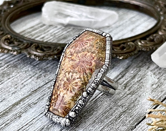 Size 8 Large Fossilized Coral Coffin Statement Ring in Fine Silver / Foxlark Collection - One of a Kind / Big Crystal Ring Witchy Jewelry